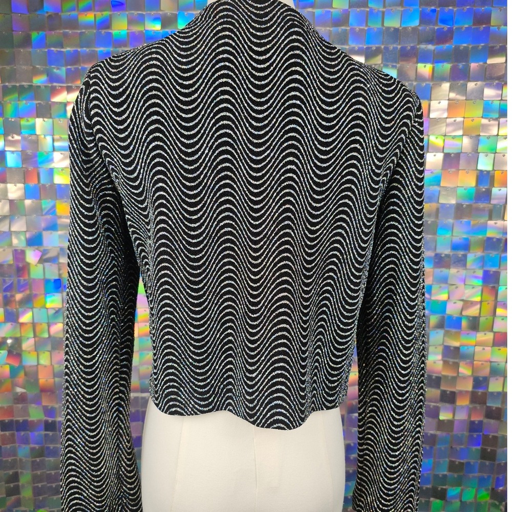 Ronni Nicole Vintage‎ Black Silver Wave Sparkle Knit Cropped Cardigan Jacket - Picture 8 of 11